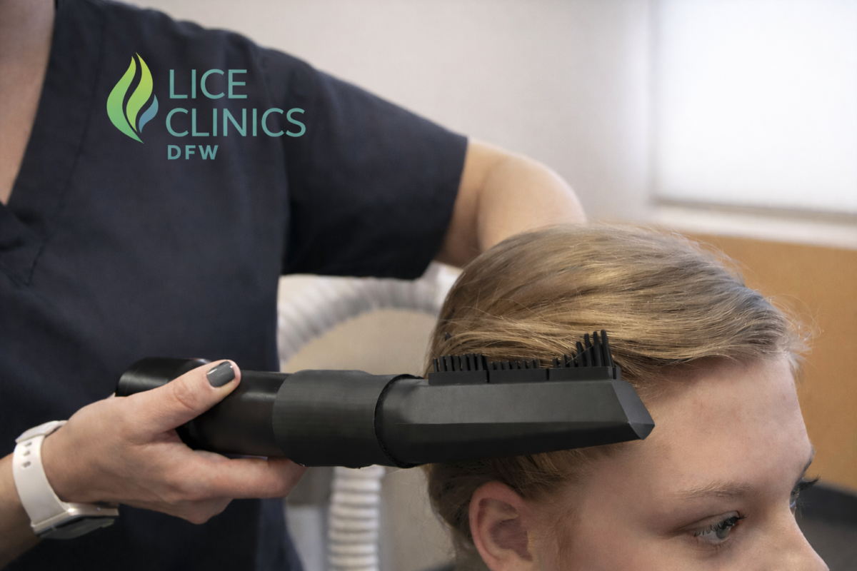 Professional lice removal treatment using cold-air technology at Lice Clinics DFW